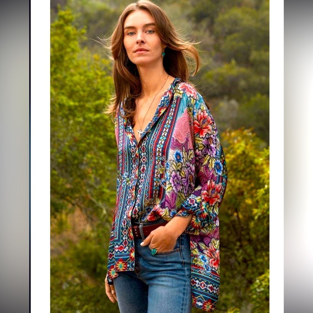 JOHNNY WAS spring boho printed Janelle Button-up silk blouse M tunic fall
$240